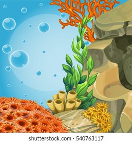 Deep sea blue background with stones, anemones and orange corals