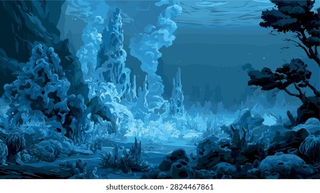Deep Sea Blue Underwater Cave with Glowing Vents Illustration