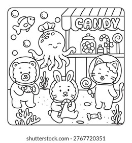 Deep Sea Candy Shop - Cute Animal Characters Buying Sweets Coloring Page