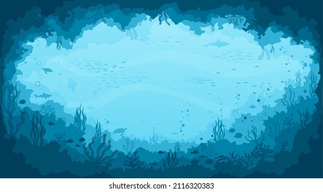 Deep sea cave landscape with seaweed and reef, dolphins and turtles, fish school. Seafloor life, ocean reef vector background with coral reef fish and animals. Seabed underwater scene landscape