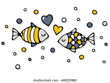 deep sea colorful fishes in love with bubble hearts on white background abstract cartoon illustration