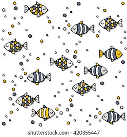 deep sea colorful fishes on white background seamless pattern