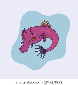 Deep sea creature. Illustration with fantastic marine dangerous fish with sharp teeth and thorns. Isolated over white background. For banners, postcards, kids parties, textiles, T-shirts. Vector.