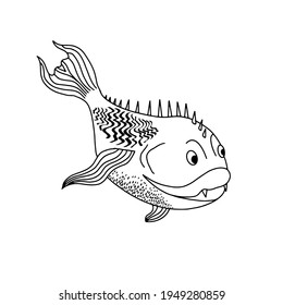 Deep sea creature. Illustration with fantastic marine dangerous fish with sharp teeth and thorns. Isolated over white background. For banners, postcards, kids parties, textiles, T-shirts. Vector.