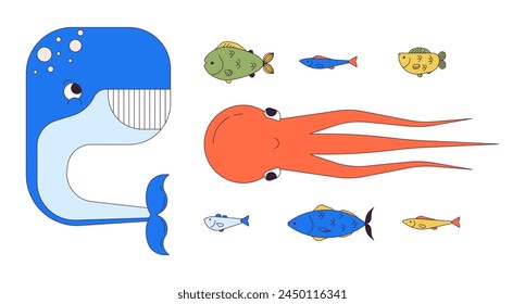 Deep sea creatures 2D linear cartoon characters set. Saltwater ecosystem habitats isolated line vector personages white background. Wildlife researching color flat spot illustrations collection