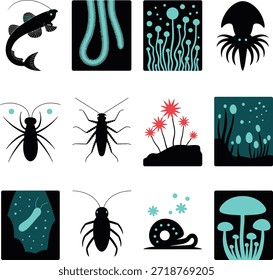 Deep sea creatures and alien flora icon set. Containing squid, tube worms, bioluminescent mushrooms, underwater plants, and more.