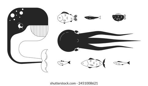 Conjunto de personajes de dibujos animados de línea 2D en blanco y negro de criaturas de mar profundo. Hábitats de agua salada personajes aislados de contornos de Vector. Ilustraciones de manchas planas monocromáticas de investigación de fauna silvestre colección