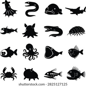 Deep Sea Creatures and Strange Marine Life Icons Set