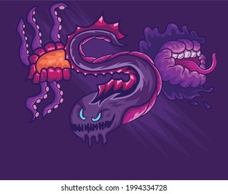 deep sea creatures vector illustration purple theme