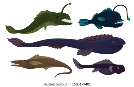 Deep Sea Creatures Vector Set. Marine Dangerous Fish with Sharp Teeth