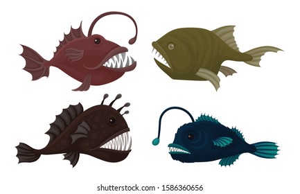 Deep Sea Creatures Vector Set. Marine Dangerous Fish with Sharp Teeth