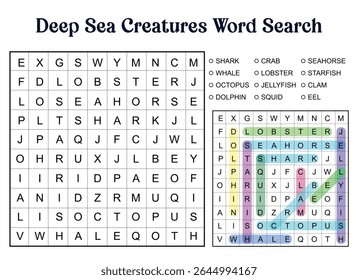 Deep sea creatures word search puzzle with solutions. Includes shark, whale, octopus, jellyfish, lobster, seahorse, and more.