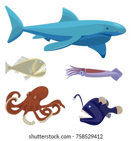 Deep Sea Dangerous Unusual Creatures Isolated Illustrations Set
