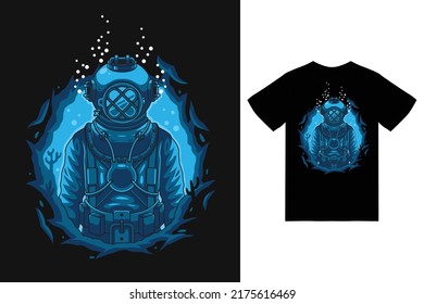 Deep sea diver illustration with tshirt design premium vector The Concept of Isolated Technology. Flat Cartoon Style Suitable for Landing Web Pages, Banners, Flyers, Stickers, Cards