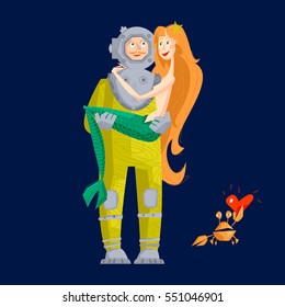 Deep sea diver and mermaid.  St. Valentine's Day. Vector illustration