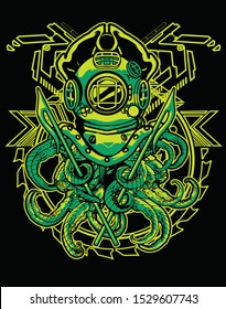 deep sea diver octopus  with sacred geometry background
