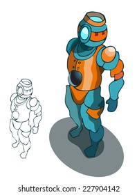 Deep Sea Diver in an Orange and Blue Diving Suit, put in perspective view. Vector isolated on a White Background, with an outline available as an addition. 