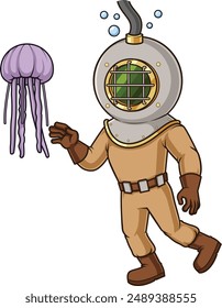 Deep sea diver playing with jellyfish vector illustration