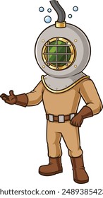 Deep sea diver presenting vector illustration