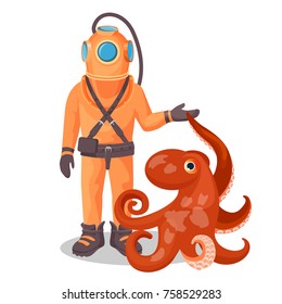 Deep sea diver in pressure suit holds sea devil fish and octopus