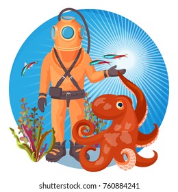 Deep sea diver in pressure suit holds sea devil fish and octopus