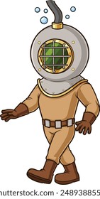 Deep sea diver walking vector illustration