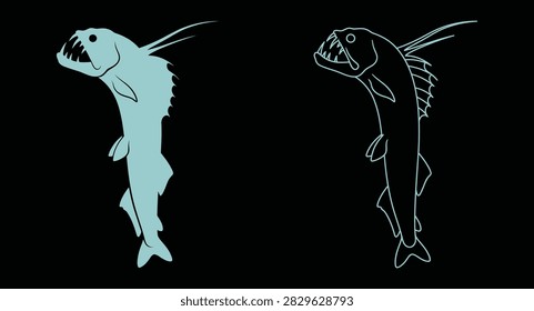 Deep sea dragon fish outline and silhouette graphic illustration on black
