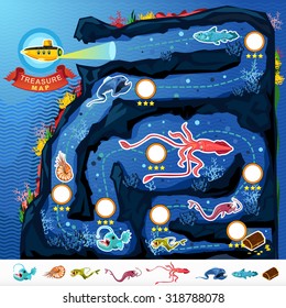 Deep Sea Exploration Treasure Game Map Monsters Of  Deep Blue Sea Collection Set . Contains Nautilus, Coelacanth, Gulpereel, Colossal Squid, Anglerfish, Yellow Submarine 