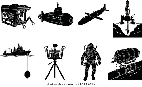 Deep sea exploration and underwater engineering icon set featuring black silhouettes of submarine rov oil rig diver and research vessel isolated on white background.