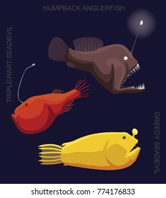 Deep Sea Fish Anglerfish Set Cartoon Vector Illustration