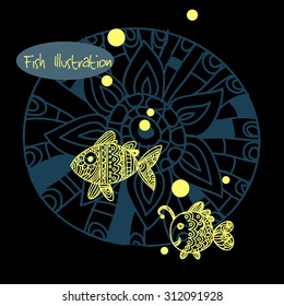 Deep sea fish with corals and mandala background.Ethnic, tribal, creative, artistic, hand drawn stylized illustration. Can be used as print for postcard, t-shirt, notebook cover or other. 