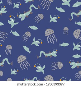 deep sea fish and jellyfish. seamless vector pattern ocean doodles.