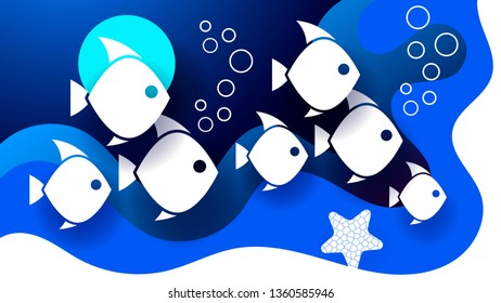 Deep sea fish paper style vector illustration . Abstract background