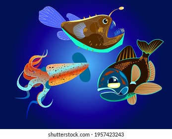 Tiefseefische, Tintenfische, Taschenlampen, Seeteufel. Farbige Vektorgrafik-Set