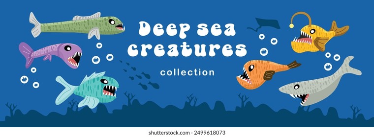 Deep sea fish vector art. Underwater creatures. Deep sea creatures vector illustration. Underwater fish collection. Predatory animals in the ocean. Cartoon fish illustration.