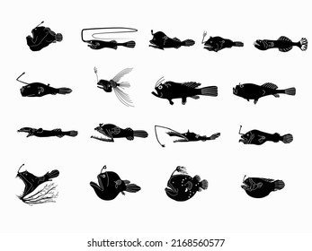 Deep Sea Fish Vector Silhouette Collection .anglerfish Vector 