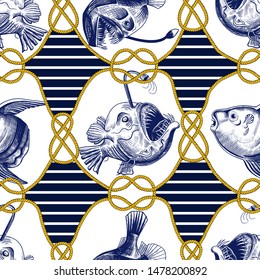   Deep sea fishes, marine knots and rope.  Anglers and the moon fish. Seamless vector pattern. Hand-drawn illustration in vintage style.
