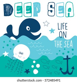 deep sea fishes and whale vector illustration