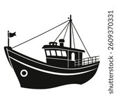 deep sea fishing boat silhouette vector illustration. Vector art of a fishing boat on white background