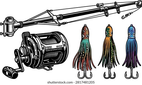 Deep Sea Fishing Equipment Vector Set Featuring Outrigger Pole Heavy Duty Reel and Squid Lures for Offshore Angling Graphic Designs.eps