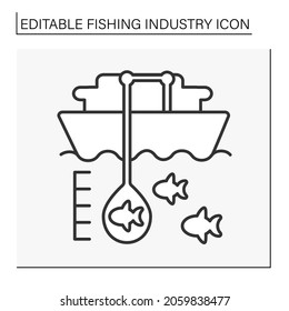  Deep sea fishing line icon.Catching fish with a special vessel on deep water. Fishing industry concept. Isolated vector illustration. Editable stroke