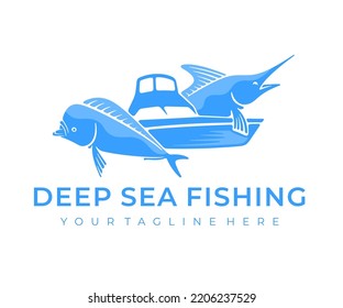 Deep Sea Fishing, Marlin, Mahi Mahi And Common Dolphinfish, Logo Design. Fishing Yacht, Fish, Animal And Sport Fishing, Vector Design And Illustration