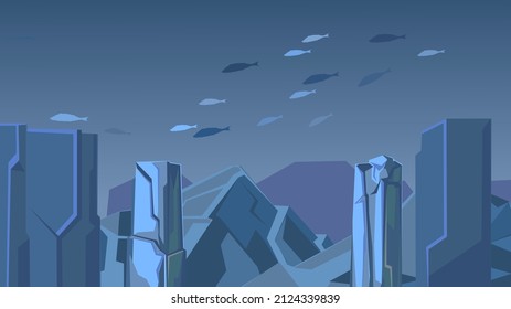 Deep sea landscape with rocky cliffs. Ocean floor. Underwater wild life of fish. Natural dark landscape. Illustration in cartoon style flat design. Vector.