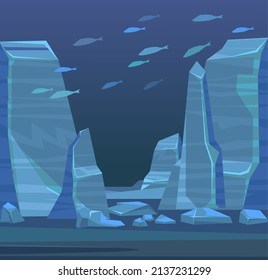 Deep Sea Landscape With Rocky Cliffs. Ocean Floor. Underwater Wild Life Of Fish. Natural Landscape. Illustration In Cartoon Style Flat Design. Vector.