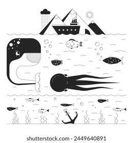 Deep sea life black and white 2D illustration concept. Underwater marine fishes habitats cartoon outline characters isolated on white. Exotic wildlife ecosystem of ocean metaphor monochrome vector art