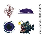 Deep sea marine life vector set featuring coral branch sea cucumber anglerfish and mysterious creature eye.