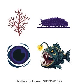 Deep sea marine life vector set featuring coral branch sea cucumber anglerfish and mysterious creature eye.