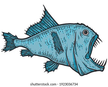 Deep sea predatory fish, scary animal. Sketch scratch board imitation.