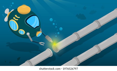 deep sea robot bathyscaphe repairs pipeline. Complex engineering work underwater. Oil pipeline laying. Cartoon vector