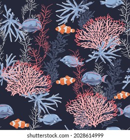 DEEP SEA UNDERWATER CORALS AND FISH NAUTICAL SEAMLESS PATTERN